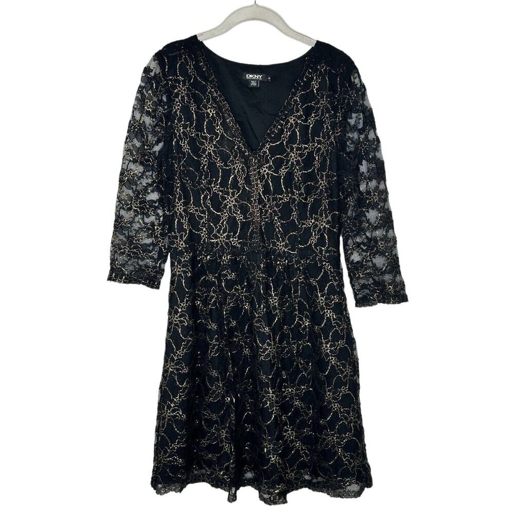 Dkny Women’s Lace Sheer Sleeves V Neck Crochet Black Gold Flare Dress Sz 10